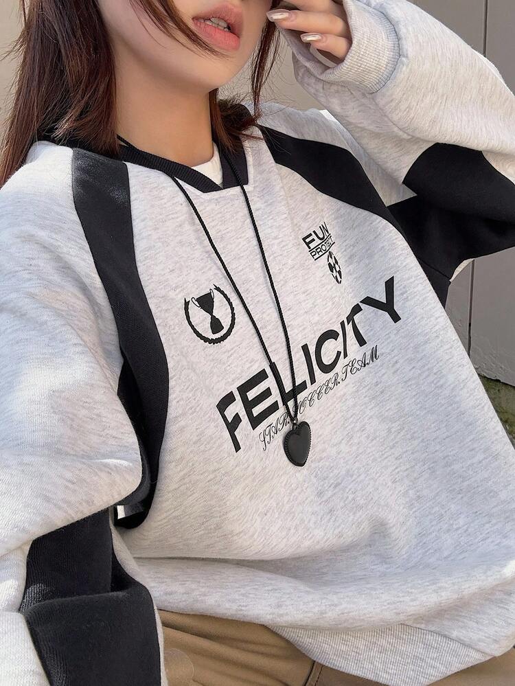 Women's V-Neck Contrast Color Patchwork Loose Letter Print Streetwear Casual Pullover Sweatshirt, Autumn/Winter