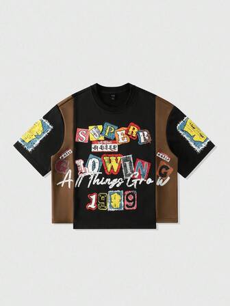 Street Life Herren Patchwork Muster T-Shirt, locker geschnittenes Streetwear Retro-Stil