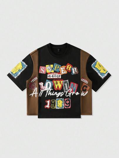 Street Life T-shirt imprimé patchwork pour hommes, style streetwear ample et court de style rétro