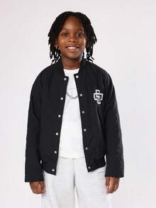 SUMWON Quilted Bomber Jacket Winter Kids Varsity Style Outerwear With Monogram Logo Classic Hip Length Fashion Youth Streetwear Snap Button Closure - Black - View 8