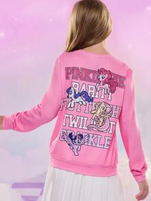 My Little Pony X SHEIN Tween Girl Casual Cute Cartoon & Letter Graphic Pullover, Spring/Autumn