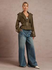 Lumalex Áo khoác trench coat ngắn màu trơn có thắt lưng dành cho nữ mùa thu đông - Cà phê nâu - Xem 4