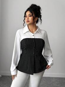 Elenzga Áo sơ mi kẻ sọc cài cúc một hàng khuy, kiểu dáng thanh lịch, cỡ lớn, phù hợp cho công sở/đi làm. - màu đen - Xem 5