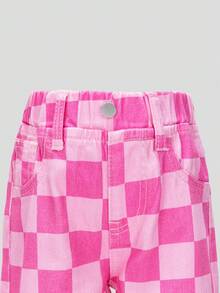 Sparklyn 年轻女孩休闲格子牛仔裤，宽松阔腿，柔软，适合日常穿着，返校，秋冬 - 粉色 - 查看 3