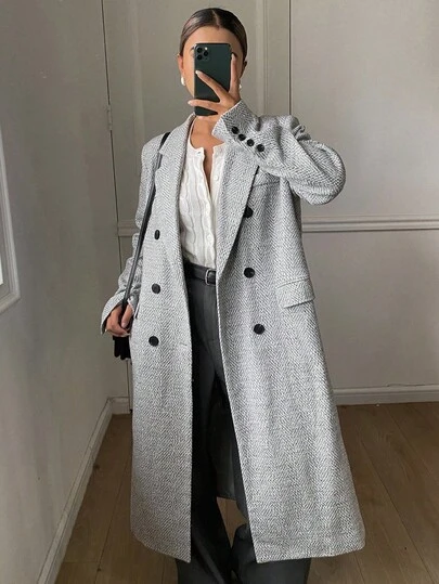 DAZY 人字纹羊毛混纺超大款长袖双排扣优雅大衣，加厚秋冬防风女装