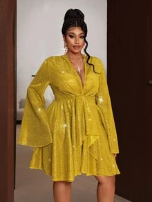 Maweii Plus Size Women's Elegant Party Sexy Sequin Deep V Short Dress