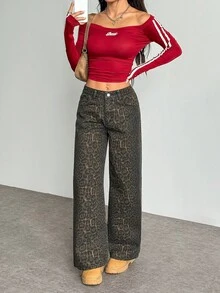 SHEIN PETITE 女式豹纹口袋阔腿宽松休闲牛仔裤 - 彩色 - 查看 3