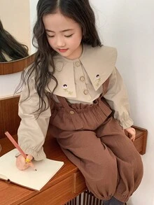 DAZY 2pcs Young Girl Girls Woven Collared Embroidered Long Sleeve Shirt + Bib Pants Set, Fall - Brown - View 6