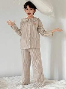 DAZY Boys Striped Print Loungewear Set, Kids Fall Clothes - Khaki - View 5