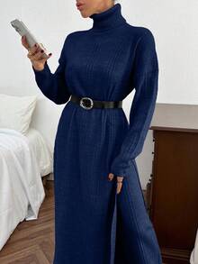 EURMUSE Women Solid Color Rib Knit Turtleneck Slit Detailed Long Sweater Dress & Sweater Pants Set - Navy Blue - View 6