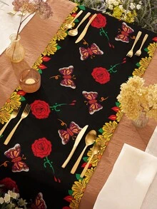 Frida Kahlo X SHEIN 1pc Thick Anti-Slip Frida Sunflower Printed Table Runner, Holiday Table Runner, Fits Various Table Lengths 90/160/183/200cm, Halloween Day Of Dead, Day Of The Dead, Day Of The Dead, Skeleton & Floral, Skeleton, Marigold, Sugar Skulls, Candle - Black - View 5