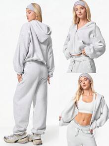 GLOWMODE 日常羊毛衫 凉爽弹性柔软 轻盈保暖 抽绳下摆口袋 齐臀宽松全拉链连帽衫 秋冬户外日常休闲 - 淺灰色 - 查看 8