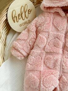 Newborn Baby Girl Cute 3D Ear Fluffy Pink Heart Pattern Zip-Up Hooded Romper, Autumn/Winter