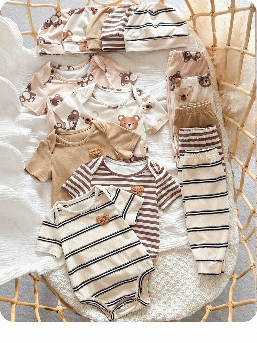 SHEIN 15pcs/Set Newborn Baby Girls' Casual Cute Knitted Striped Bear Print Short Sleeve Bodysuit & Hat Outfit Set Cartoon