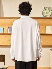 Open Phase STONE DISTRICT 男士纯色落肩衬衫，休闲衬衫，宽松服装，学院风 - 白色 - 查看 2