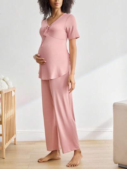 BloomMama Maternity Solid Color Short Sleeve Top And Pants Pajama Set