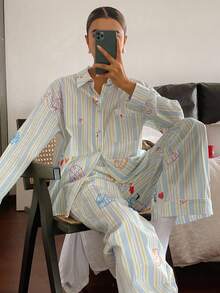 DAZY Cute Striped Graffiti Pattern Loose Women Pajama Set, Fall Winter Clothes - Beige - View 6