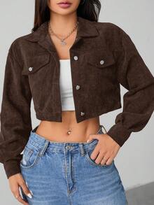 SHEIN PETITE Spring Outfits Drop Shoulder Flap Detail Crop Corduroy Jacket In Fall/Winter - Brown - View 5