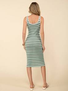 Coeurva Ladies' Summer Striped Textured Knitted Slimming Casual Holiday Dress,Pastel Dresses For Women - Green - View 5