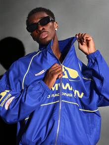 SUMWON Jachetă sport Moto Racing Club Racing Team, cu fermoar, stil retro, cu logo și detalii în dungi