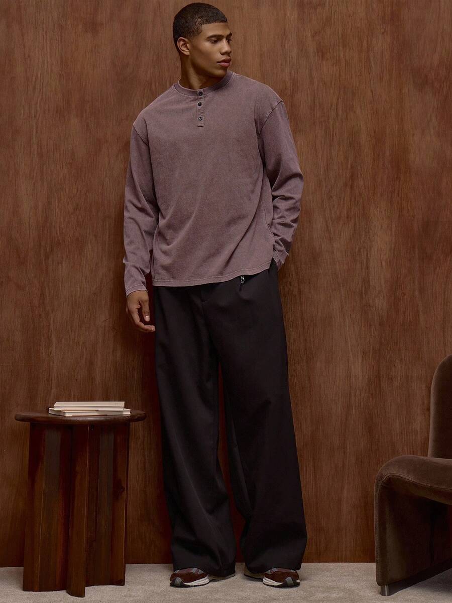 Musero 长袖水洗微褶纽扣宽松T恤 秋冬/春夏 - 咖啡棕 - 查看 1