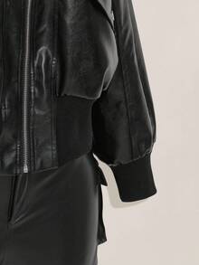 SHEIN ICON Plus Size Black Retro Y2K PU Leather Jacket, Autumn/Winter