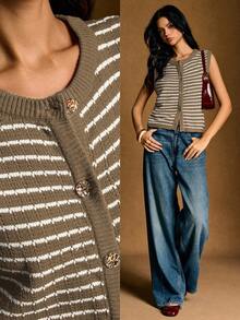 Poéselle 女士休闲通勤条纹纽扣前针织背心秋冬女装 - 卡其色 - 查看 1