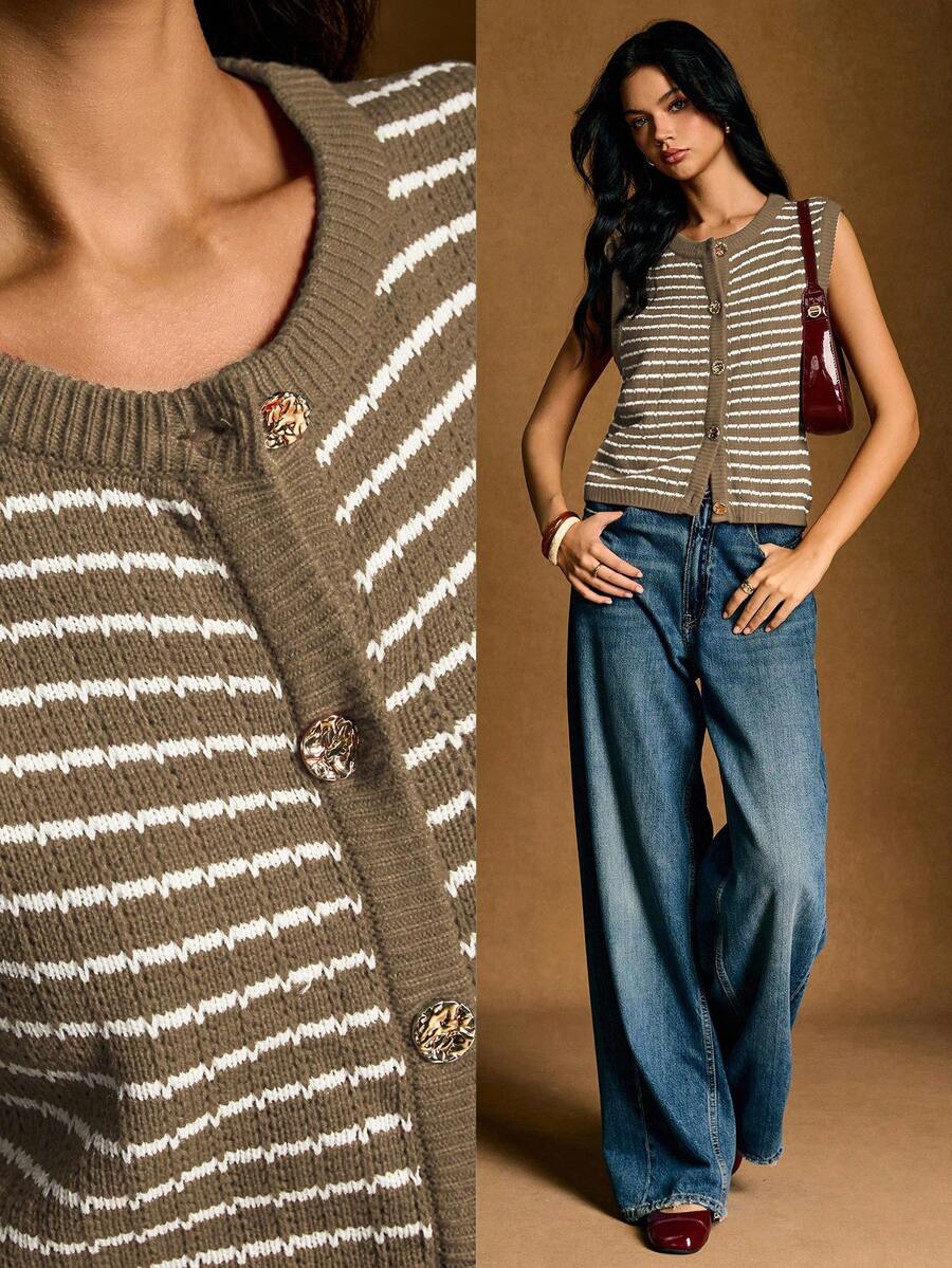 Poéselle 女士休闲通勤条纹纽扣前针织背心秋冬女装 - 卡其色 - 查看 1