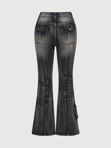 ROMWE Grunge Punk Spring/Summer Black Distressed Punk Metal Rivet Super Low Waist Flare Jeans - Grey - View 7