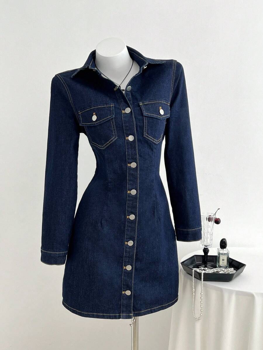 Elamini Women's Casual Commuter Front Button Denim Dress