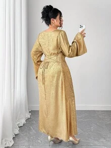 Elenzga Robe longue à manches longues, décolleté plongeant et dos nu avec lien, en grande taille, avec feuille d'or, pour soirée française - Doré - Voir 3