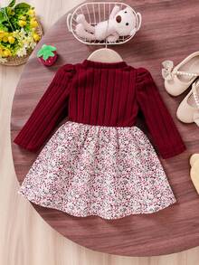 SHEIN 女婴休闲碎花长袖罗纹针织连衣裙，秋季 - 酒紅色 - 查看 2