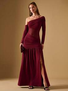 Briarwyn Abito lungo da donna con spalla asimmetrica, maniche lunghe, arricciature e spacco sexy, in colore unito