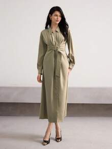Heiryn Cinched Waist, French Style, High-End, Commuting, New Summer Shirt Dress - Green - View 3
