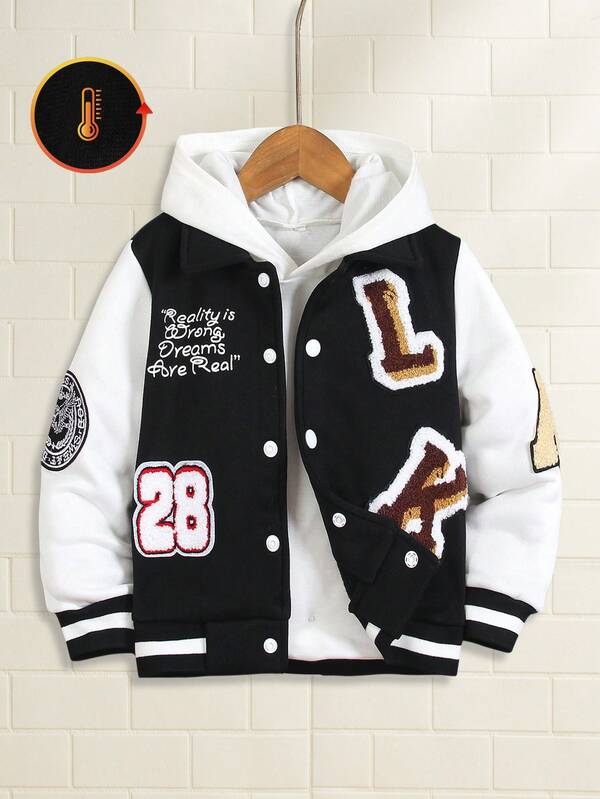 SHEIN Explorewe Young Boys One Piece Street Style Jacket, With Simple Lapel Design, White Sleeve Contrast Brown Body, Personalized Flocked Embroidered Patch Knit Jacket, Ribbed Cuffs And Hem For Windproof And Warmth, Suitable For Daily Wear, Sports, School, Travel