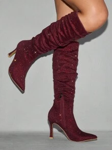 CUCCOO SZL Giày bốt cao đến đầu gối màu đỏ tía, đính đá Rhinestone, họa tiết nhăn dành cho nữ, gợi cảm khi dự tiệc - Màu Đỏ Sâu - Xem 3