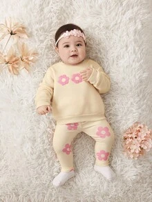 SHEIN Newborn Baby Girls Winter Knitted Floral Embroidered Long Sleeve Sweatshirt & Floral Knitted Pants Set, Suitable For Outings And Casual Wear - Apricot - View 8