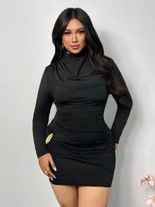 Firerie Vestido mini ajustado de manga larga con cintura fruncida, decoración de hebilla de metal negro, elegante y sexy para talla grande, ideal para fiestas, citas y festivales de música en primavera/otoño - Negro - Ver 3