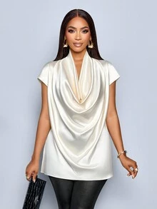 SOLERSUN Women's Elegant Sexy Party Draped Front Batwing Sleeve Satin Blouse,Suitable For Daily Wear And Dating - Apricot - View 4