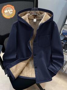 SHEIN 男童休闲日常百搭舒适保暖连帽拉链加厚梭织外套，适合上学、花园、海滩、生日、春、夏、秋、冬等各种场合。 - 藏蓝色 - 查看 3