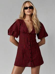 MISSGUIDED Summer Gingham Mini Dress Button Down Empire Waist Puff Sleeve Tie Front Bow Back A Line Retro Style Christmas - Red and Black - View 3
