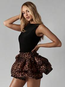 MISSGUIDED Leopard Print Organza Mini Skirt With Tiered Ruffle Layers Party Club Wedding Evening Special Occasion High Waisted Statement Fashion - Multicolor - View 5