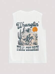 Open Phase STONE DISTRICT Men's Fashion Casual Western Cowboy Letter Print Round Neck Undershirt, Suitable For Daily, Casual And Commuting Wear Spring To Summer - White - View 1