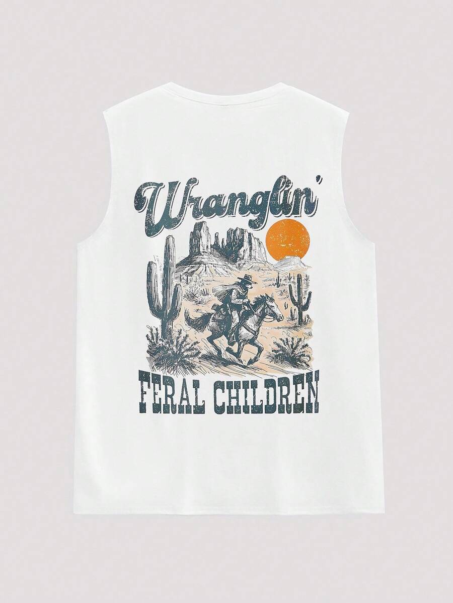 Open Phase STONE DISTRICT Men's Fashion Casual Western Cowboy Letter Print Round Neck Undershirt, Suitable For Daily, Casual And Commuting Wear Spring To Summer - White - View 1