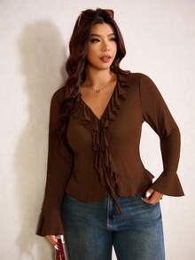 Elaquor 大码女式优雅纯色荷叶边喇叭袖上衣 - 咖啡棕 - 查看 6