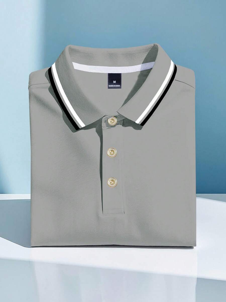 Calvornis 男士對比條紋扣子休閒短袖 Polo 衫,夏季短袖休閒通勤 Polo 衫,適用於高爾夫、正式場合、典禮 - 灰色 - 查看 1