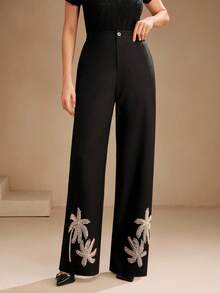 Anewsta Women's Elegant Faux Pearl Embroidered Hem Mid-Rise Pants, Suitable For Autumn, Fall, Winter, Going Out, Elegant, Formal, Chic, New Year, Christmas, Graduation, Wedding, Business