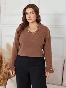 Lacomfia Plus Size Elegant Beaded Embellished Sweater, Autumn/Winter - Coffee Brown - View 5