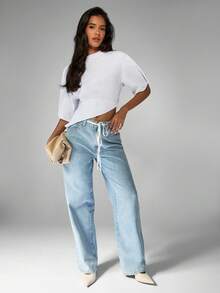 MISSGUIDED 棉质高腰阔腿牛仔裤，腰部抽绳，复古 Y2K 时尚休闲牛仔裤，适合秋冬春季 - 中等水洗藍 - 查看 3