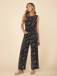 Women's Allover Print Sleeveless Jumpsuit, Casual Vacation - Black - View 3